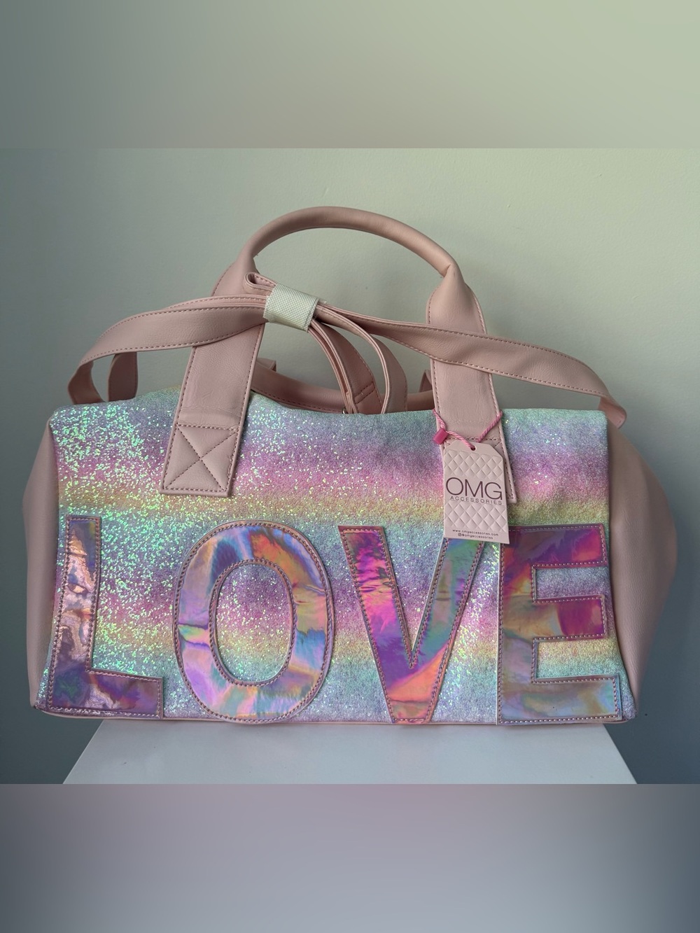 NWT OMG Accessories Pink Rainbow Glitter Love Duffle Bag Girls Sleepover Travel